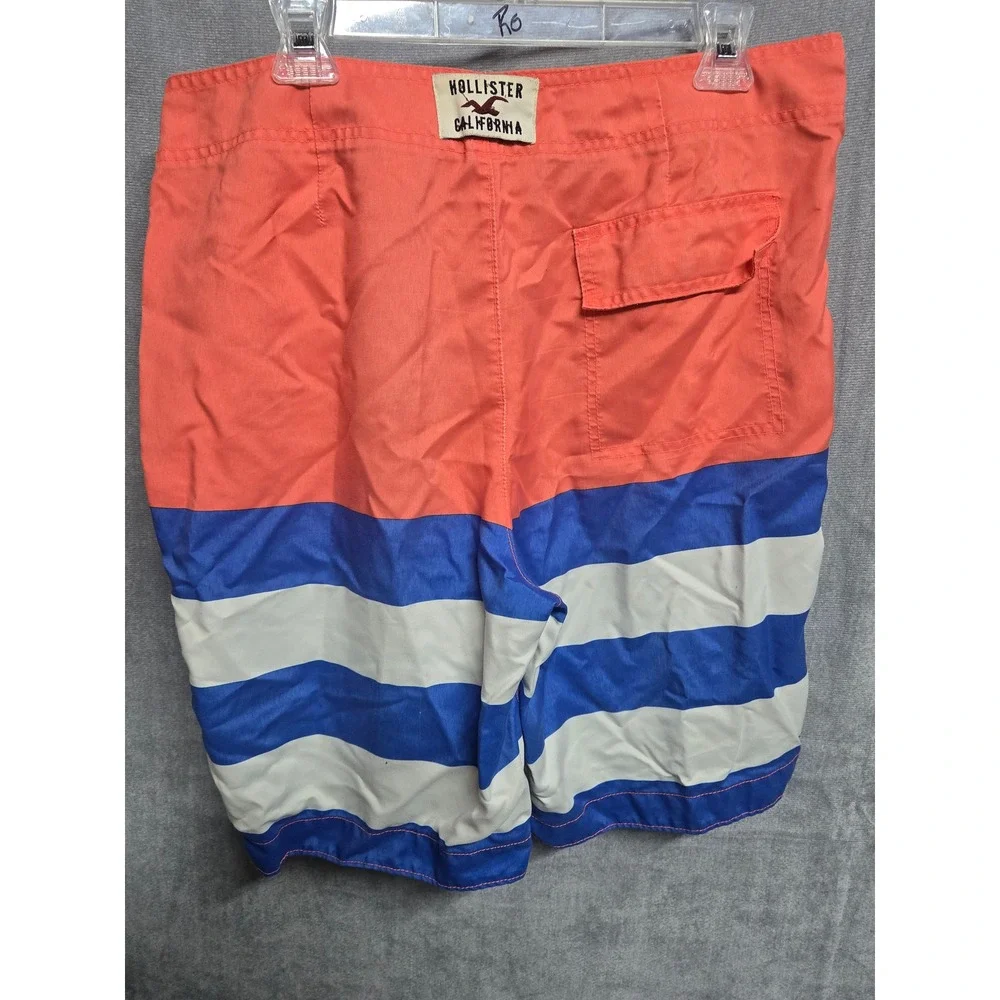 Hollister Mens Board Shorts XL Orange Blue White Striped Swim Trunks Colorblock